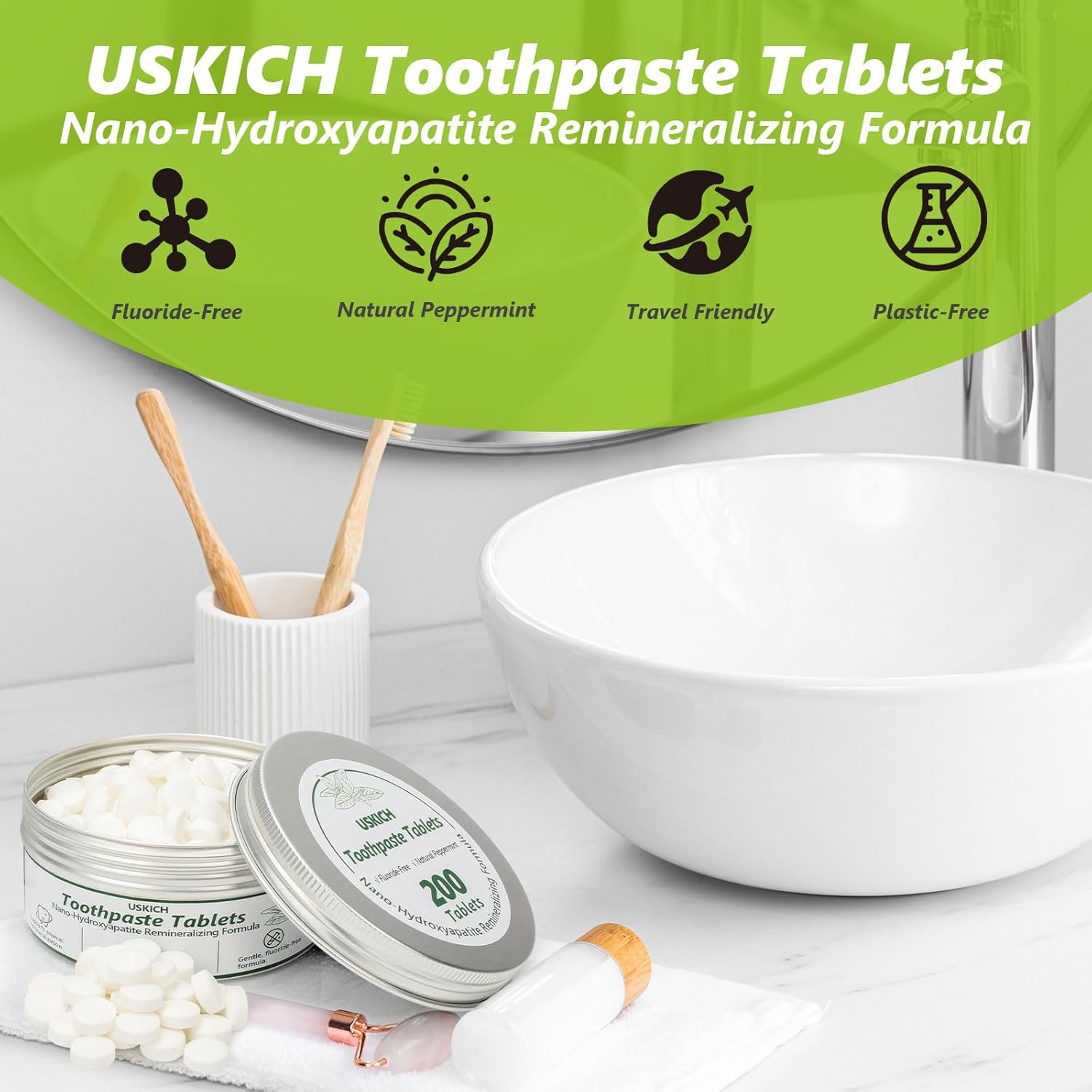 200 Pcs Toothpaste Tablets - Nano Hydroxyapatite Natural Whitening, Reduce Sensitivity,Fluoride & Plastic Free, Eco Friendly & Travel Mouthwash Tablets