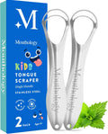 Mouthology Tongue Scraper for Kids (2 Pack), Stainless Steel Tongue Cleaner (Reduce Bad Breath), Metal Tongue Scrubber for Children, Improve Oral Health