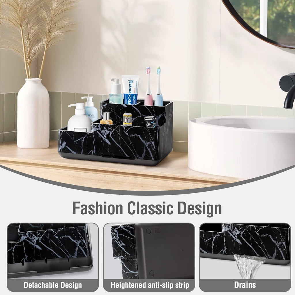 Electric Toothbrush Holder for Bathroom, Plastic Bathroom Countertop Organizer Compartment, Vanity Organizer Tray,Countertop Organizer Box, Kids Desk Organizers and Storage,Black Marble Pattern