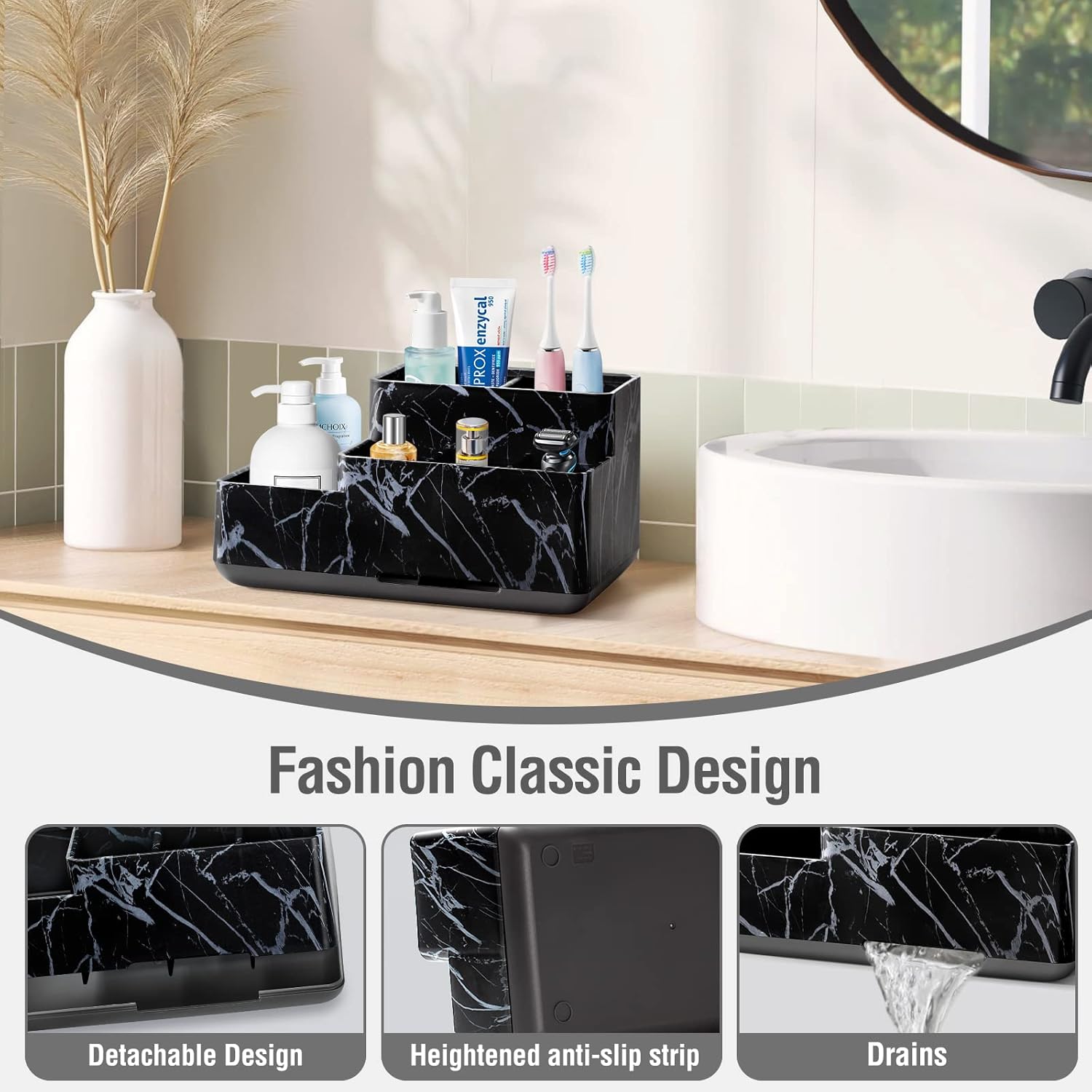 Electric Toothbrush Holder for Bathroom, Plastic Bathroom Countertop Organizer Compartment, Vanity Organizer Tray,Countertop Organizer Box, Kids Desk Organizers and Storage,Black Marble Pattern