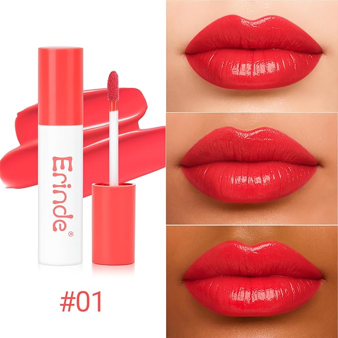 Erinde Lips Staining Lip Oil, Glossy Lip Stain, Long-Lasting Lightweight Lip Staining Oil, Moisturizing Plumping Hydrating Glossy Lip Tint, Vegan & Cruelty-Free, 01