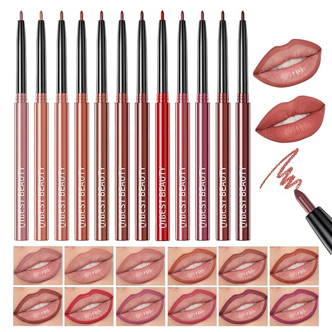 QiBest 12Pcs Crayon Lipsticks Gel Lip Liner Pencil Set, Creamy Long-Lasting Lip Colors Makeup Kit for Women and Girls, Retractable Lipliner Pencils Pack with Rich Color & Smooth Application