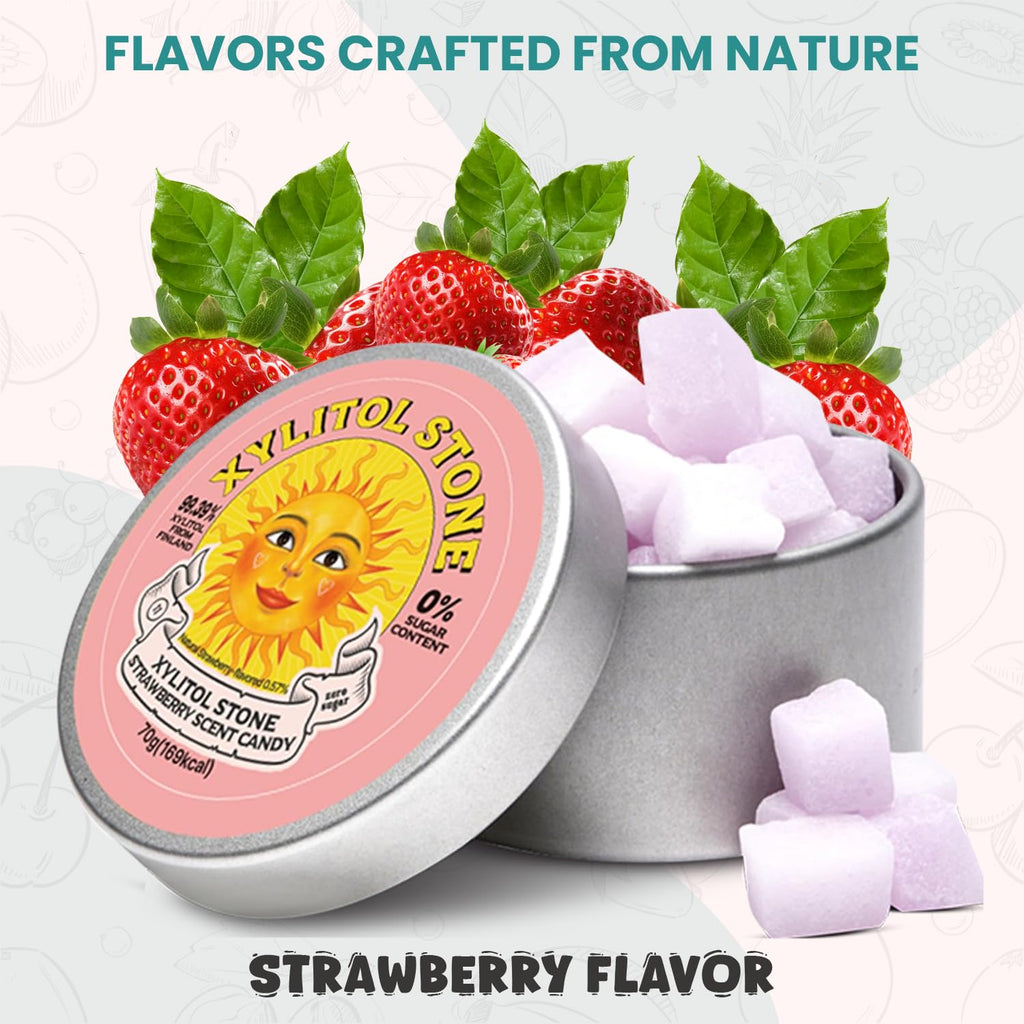 Xylitol Stone Sugar Free Candy - Vegan & Keto Friendly Unique Hard Candy Sugar-Free - 100% Natural Flavor Candies - Gluten Free & Non-GMO Breath Freshener Low Calorie Mints- Strawberry (Pack of 1)