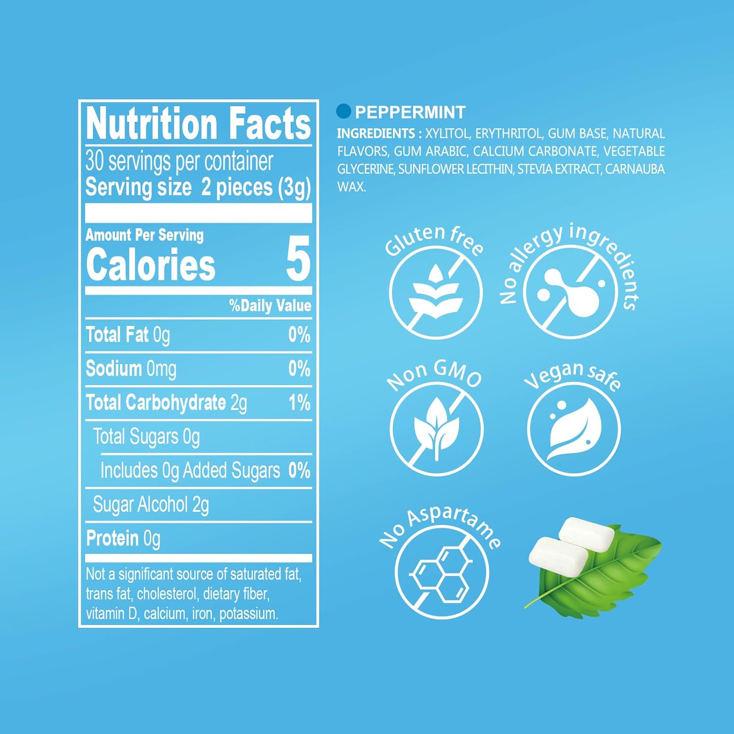 DC24 DAILY CARE Xylitol Chewing Gum with Erythritol, Aspartame Free & Sugar Free Gum, Low-Calorie, Sugarless, Natural Peppermint, 60 Pieces (Pack of 2)