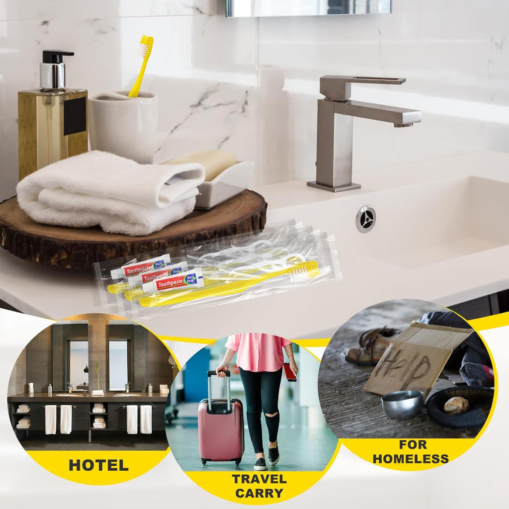 200pcs Disposable Toothbrushes with Toothpaste and Floss,Yellow Bulk Single Use Toothbrush Floss Pick Individually Wrapped Disposable Travel Toothbrushes Kit for Homeless,Airbnb,Hotel,Guest