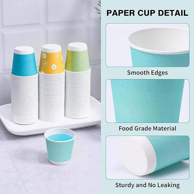 Tamone 600 Pack 3 oz Bathroom Cups, Small Paper Cups, Mouthwash Cups, Mini Paper Cups, Blue, Yellow, Green Disposable Paper Cups for Party, Picnic, BBQ, Travel, Home and Event