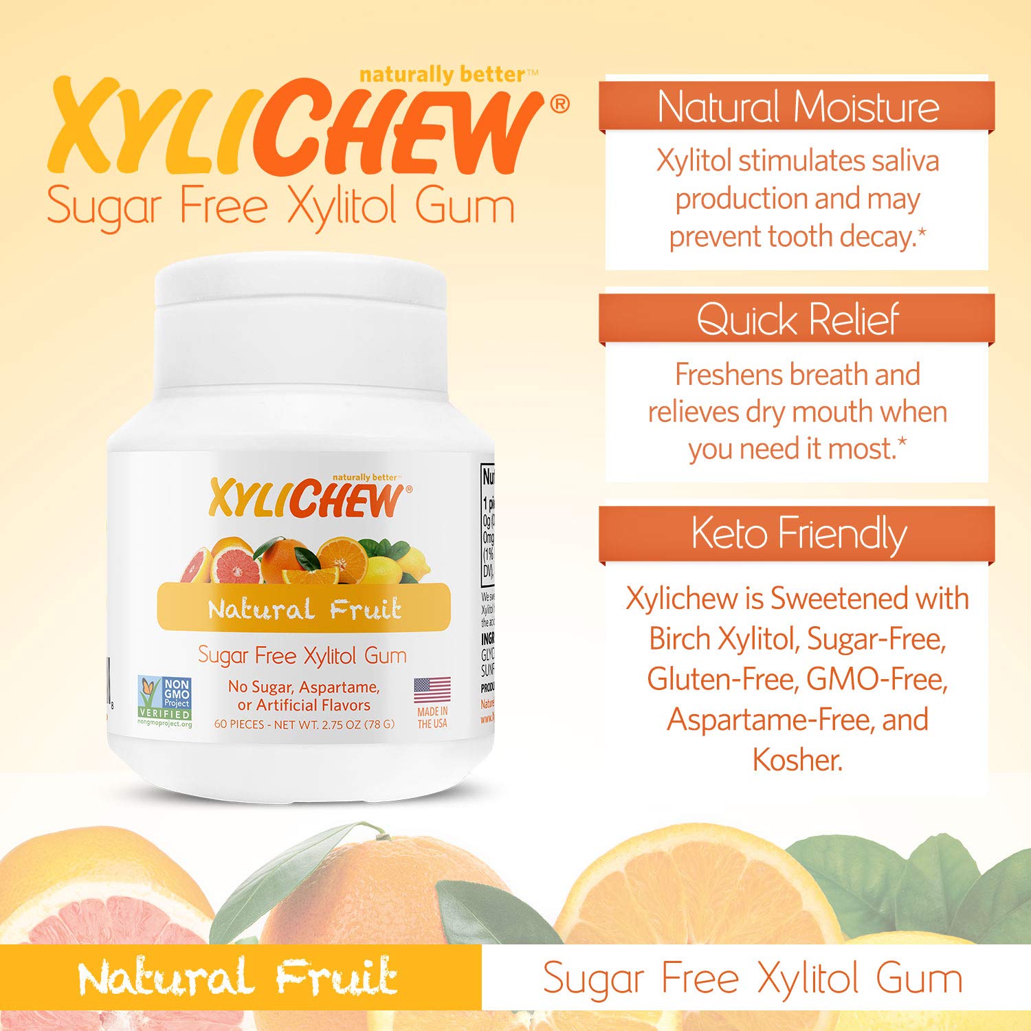 Xylichew 100% Xylitol Chewing Gum - Non GMO, Non Aspartame, Gluten Free, and Sugar Free Gum - Natural Oral Care, Relieves Bad Breath and Dry Mouth - Fruit,60 Count (Pack of 4), 240 Count