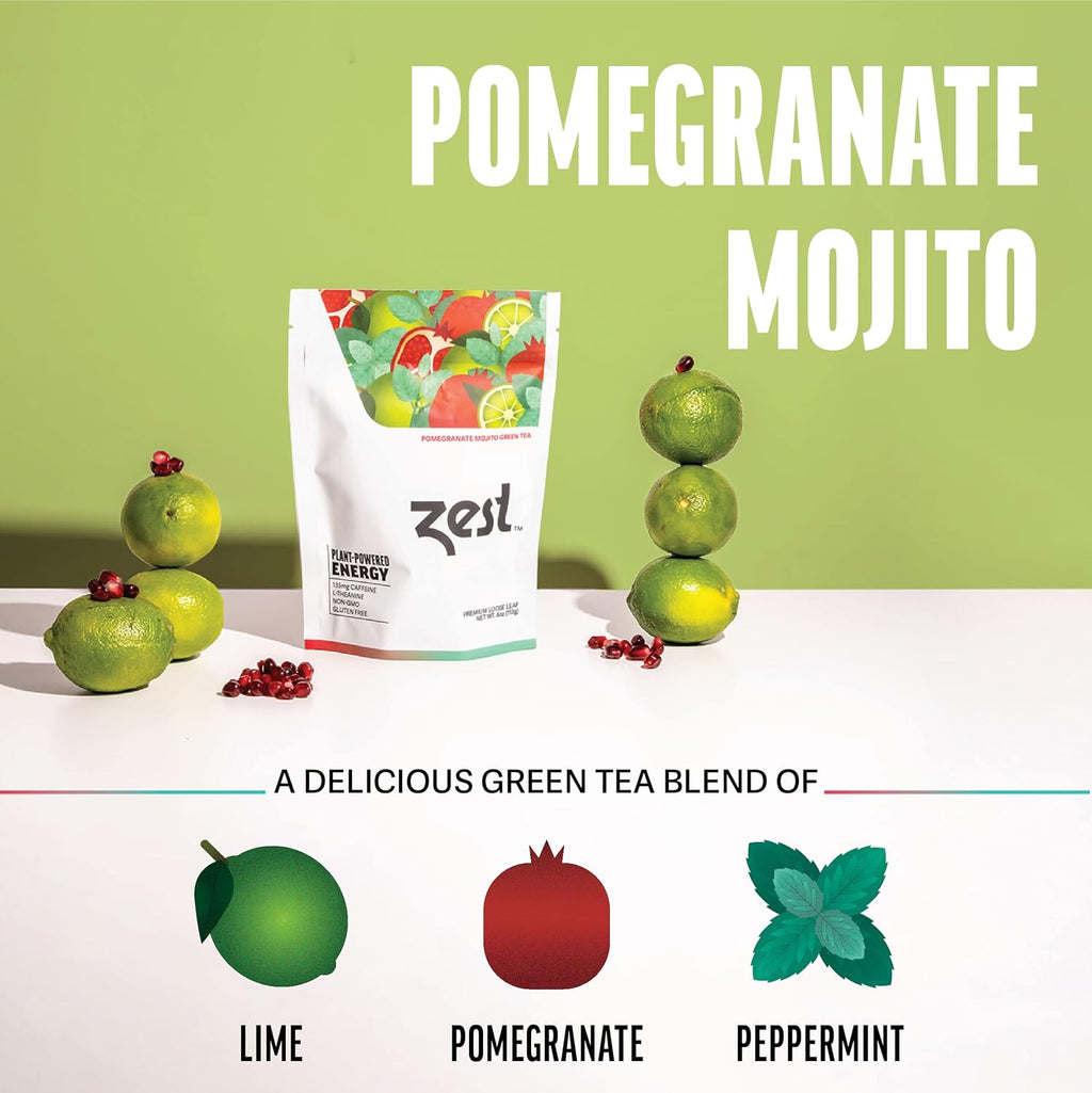 Zest Energy Green Tea - Pomegranate Mojito Loose Leaf Blend - High Caffeine Peppermint - Caffeinated Coffee Substitute - Natural, Non-GMO & Keto Friendly - Hot or Iced - 50 Servings - 135mg Caf
