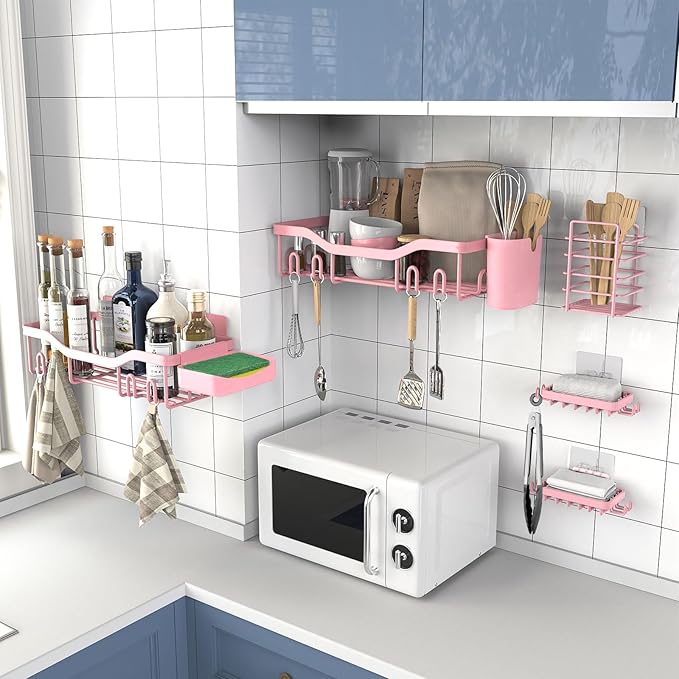 Shower Caddy Adhesive Shower Organizer 7-Pack, Rustproof Stainless Steel Bathroom Shelves, Large Capacity No-Drill Rack Storage Accessories with Soap Dish Toothbrush Holder Hooks (Pink)