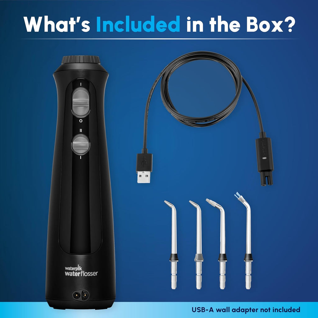 Waterpik Cordless Pearl Rechargeable Portable Water Flosser for Teeth, Gums, Braces Care and Travel with 4 Flossing Tips - ADA Accepted, WF-13 Black, Packaging May Vary