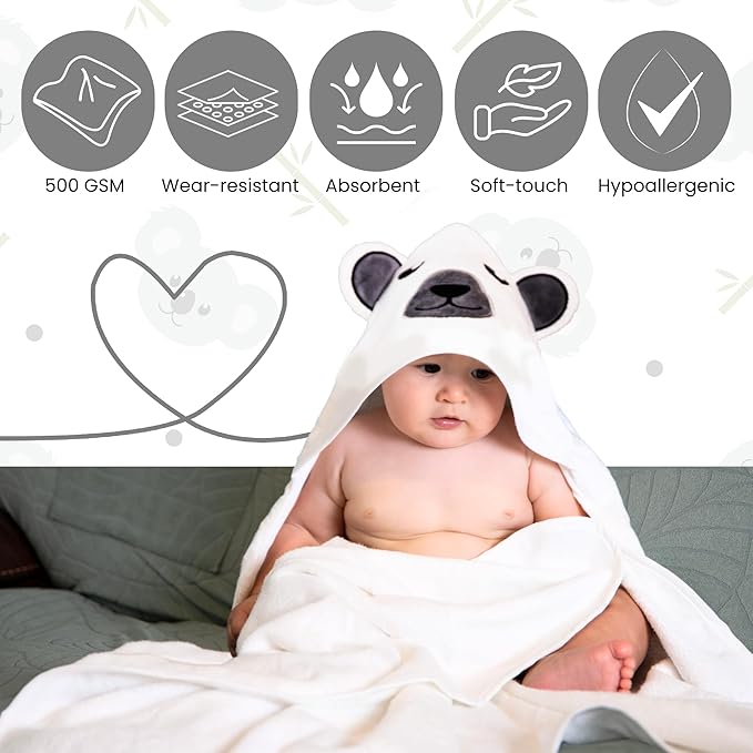Premium Hooded Towel - 500GSM Viscose derived from Bamboo Cotton Baby Towels - Ultra Soft & Absorbent, Extra Large 35” x 35”, Hypoallergenic, Machine Washable Toddler Towel - Bear