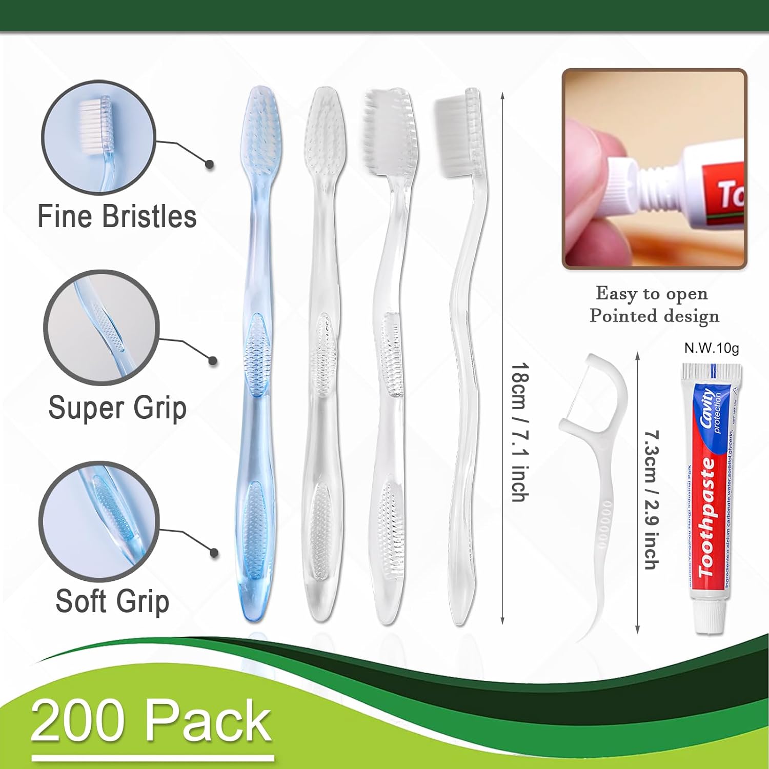 200 pcs Disposable Toothbrushes with Toothpaste Floss Individually Wrapped, 2 Color Toothbrush, 10g Toothpaste, Floss Pick, Bulk Toothbrush for Homeless,Airbnb,Hotel,Guest