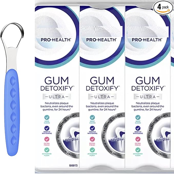 Pro-Health Gum Detoxify Ultra Toothpaste with Gentle Whitening 4.7 oz (Pack of 3) Gum and Enamel Protection Bundle with Stainless Steel Tongue Cleaner Pro