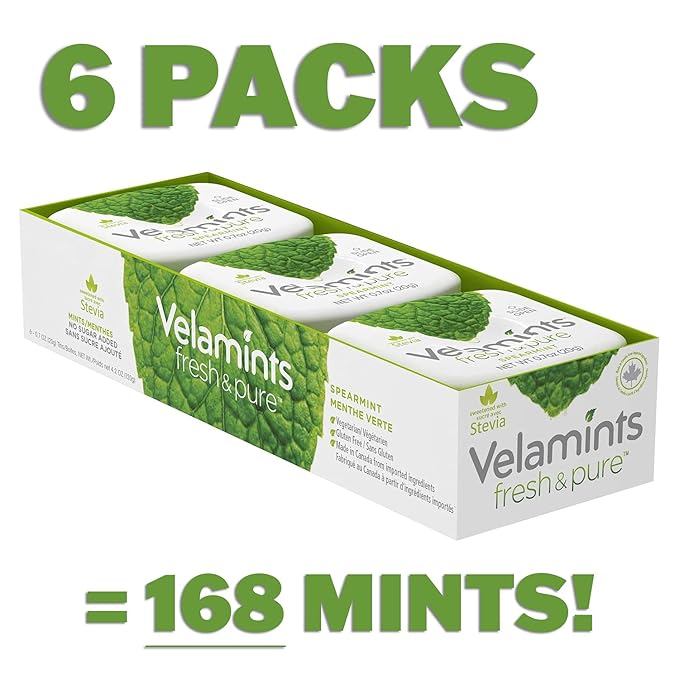 Velamints Fresh Spearmint Sugar Free Mints Tin - Fresh Breath Mint Aspartame-Free Sweetened with Stevia, 20 Gram (Pack of 6 Tins)