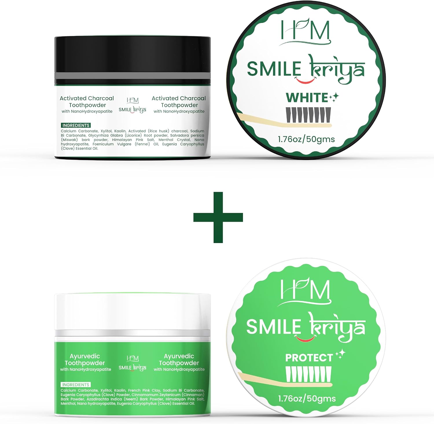 HM - Smile Kriya Ayurvedic Toothpowder Duo (Pack of 2) | Whitens Teeth Naturally, Remineralizes Enamel, Strengthens Gums & Freshens Breath | Activated Charcoal & NanoHydroxyapatite | 1.76 oz X 2