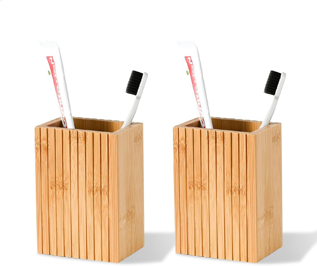 2 Pack Natural Bamboo Toothbrush Holder, Fluted Square Design for Countertop, Multipurpose Pen Holder or Desktop Organizer, Natural