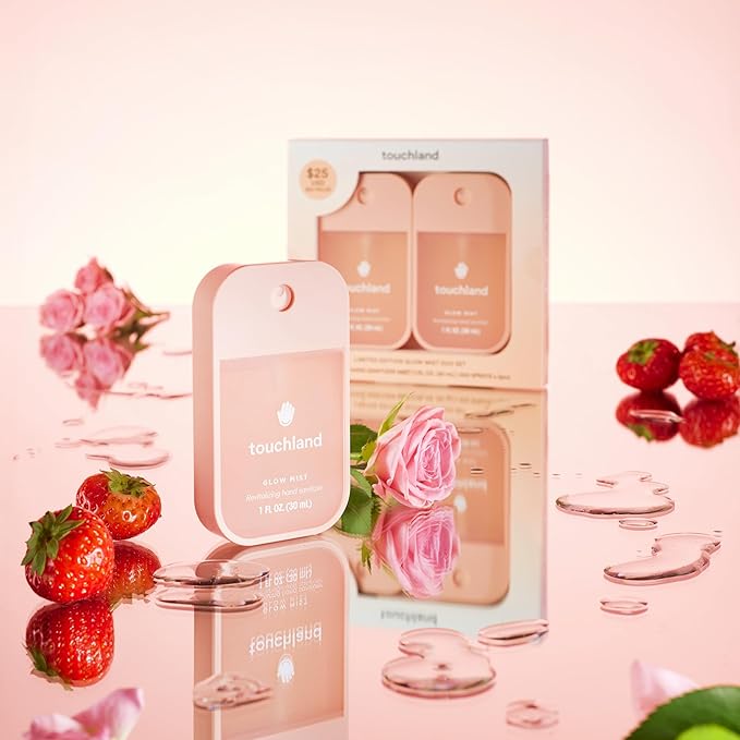 Touchland Limited Edition Glow Mist Duo Set, Revitalizing Hand Sanitizer Spray, Rosewater scented, 1FL. OZ. Travel Size (Set of 2)