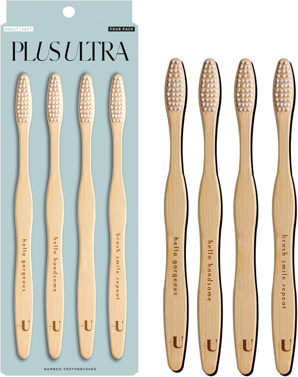 Biodegradable and Eco-Friendly Bamboo Toothbrush 4-Pack - BPA Free Soft Bristle - Dentist-Approved and All-Natural with Positive Affirmations Etched on Handles by Plus Ultra