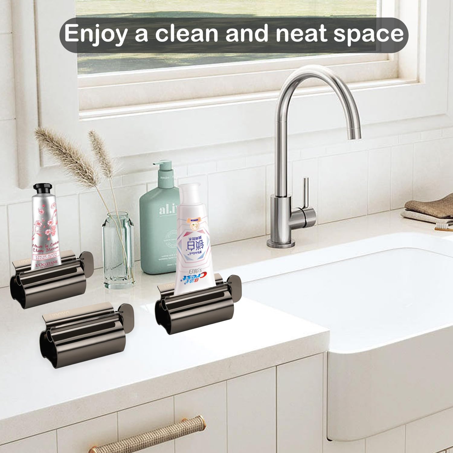 Toothpaste Squeezer - Metal Tube Squeezer Stainless Steel Tube Wringer UDQYQ Toothpaste seat Holder Stand (Black)