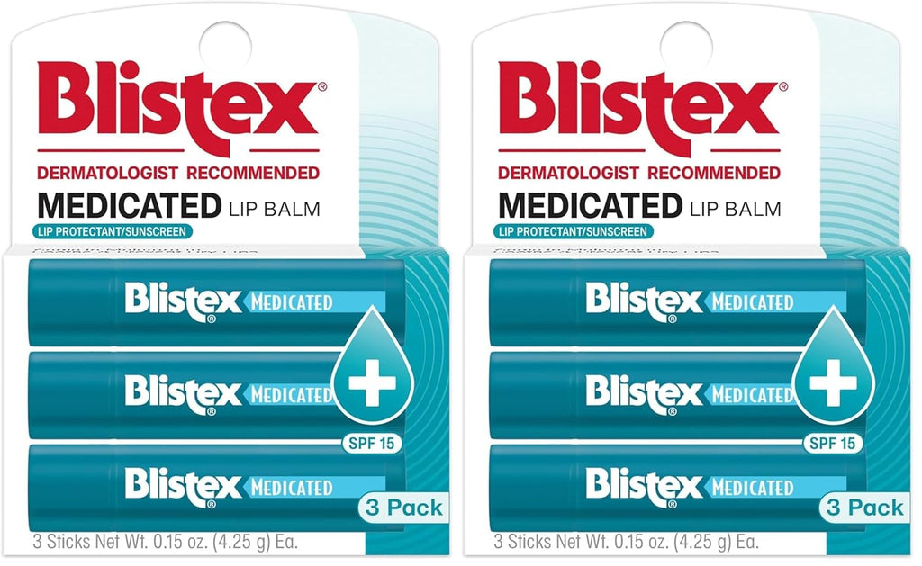 Blistex Medicated Lip Balm, 0.15 Ounce, 3 Count (Pack of 2) Prevent Dryness & Chapping, SPF 15 Sun Protection, Seals in Moisture, Hydrating Lip Balm, Easy Glide Formula for Full Coverage