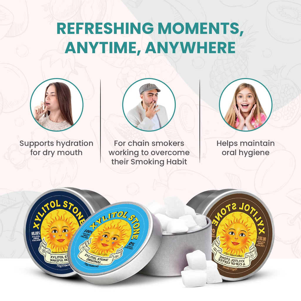 Xylitol Stone Sugar Free Candy - Vegan & Keto Friendly Unique Hard Candy - 100% Natural Flavor Candies - Gluten Free & Non-GMO Breath Freshener Mints - Pack of 3 (Original, Coffee, Wakeful Delight)