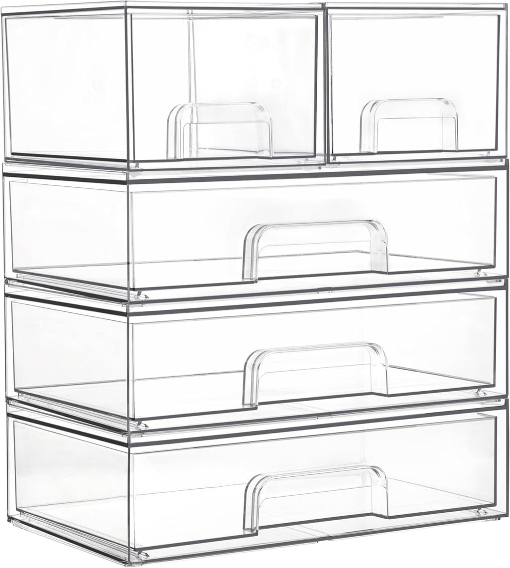 Vtopmart Clear Stackable Storage Drawers Set of 5, Plastic Organizer Bins for Makeup, Cosmetics, Beauty Supplies,Ideal for Vanity, Bathroom,Cabinet,Pantry Organization