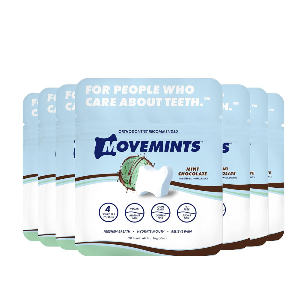 Movemints Clear Aligner Mints - Patented, Edible Alternative to Chewies - Freshen Breath and Improve Dry Mouth with Xylitol - Mint Chocolate (7 Pack)