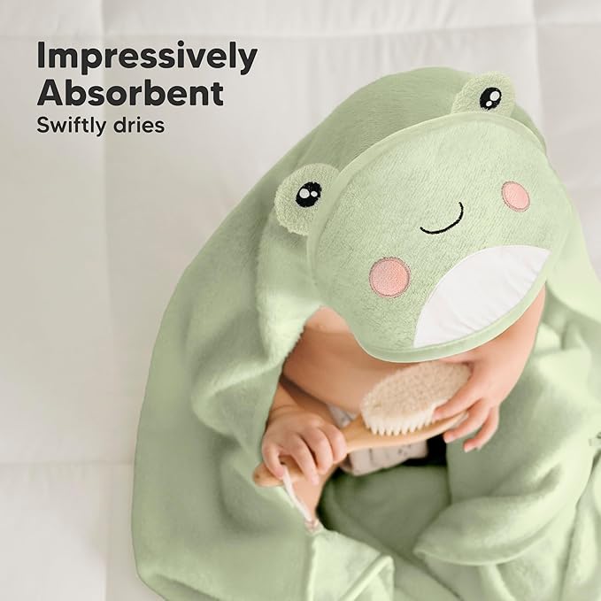KeaBabies Hooded Baby Towel for Newborn - Viscose Derived from Bamboo Large Baby Bath Towels with Hood for Boys, Girls, Toddler, Extra Absorbent & Soft Newborn Bath Essentials (Frog, Petite)