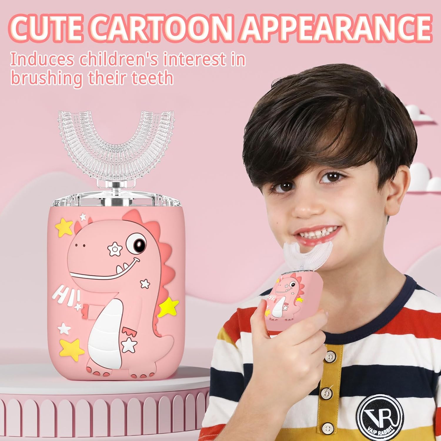 Kids Electric U Shaped Toothbrush,Kids Dinosaur Sonic Full Mouth Toothbrush with 4 Soft Brush Head Automatic 6 Cleaning Modes IPX7 Waterproof 360 Degree Cleaning - Age2-7 Pink