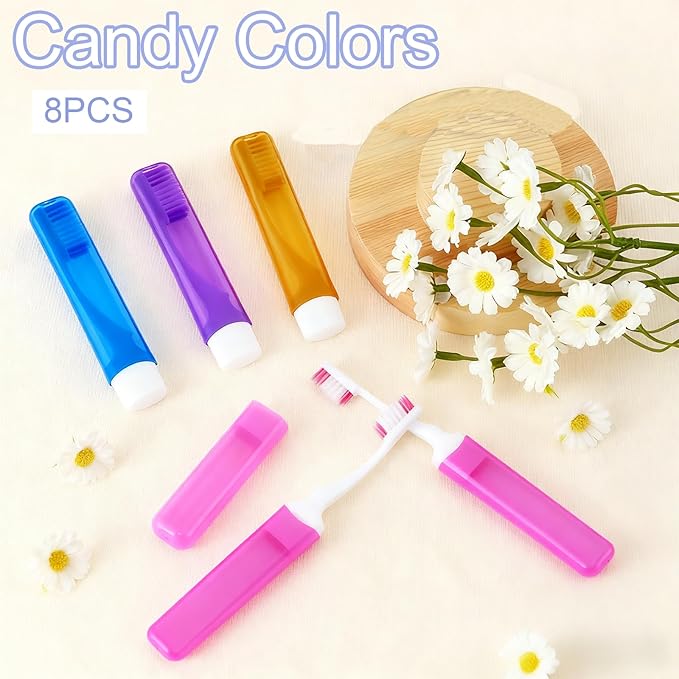 8Pcs Foldable Travel Toothbrush Set with Case, Soft Bristles Mini Compact Portable Folding Toothbrush, Individually Wrapped Small Toiletry Essential for Camping Trips (Multicolor)