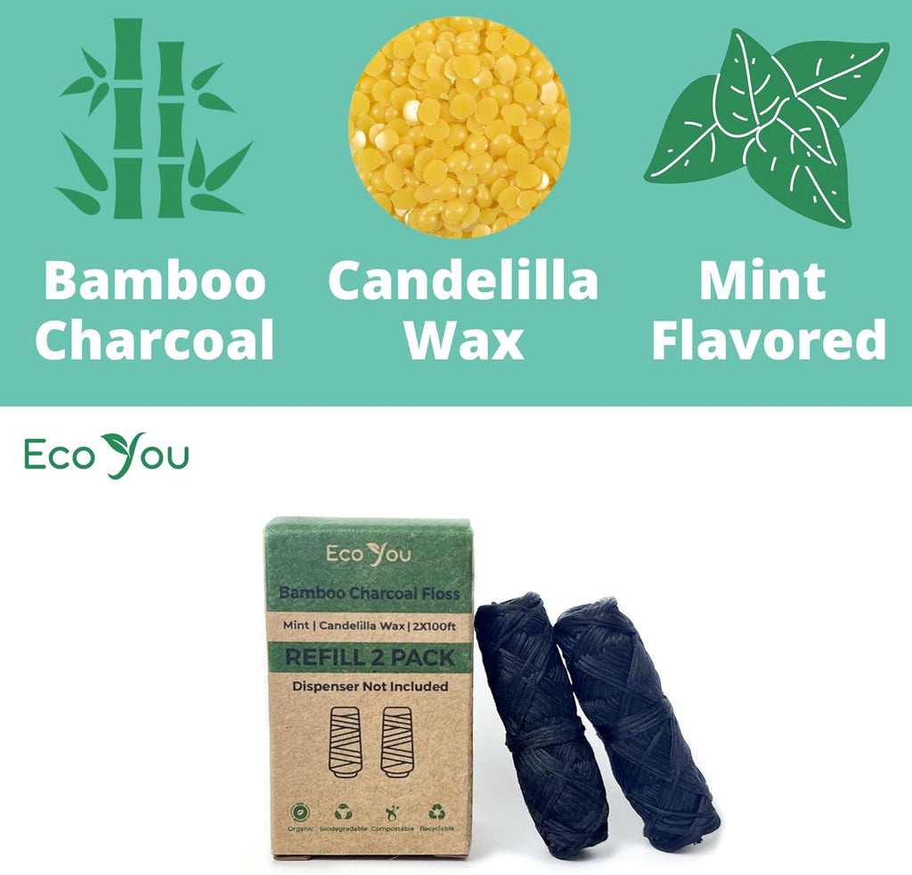 Bamboo Charcoal Dental Floss | Mint & Candelilla Wax | Vegan & Biodegradable (2 Refills Pack)