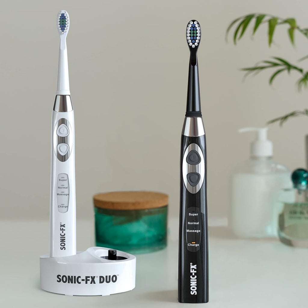 Sonic-FX Duo Rechargeable Electric Toothbrush Set - with 14 Brush Heads, 3 Modes, Smart Auto-Timer, Charging Dock Holder - Dual Handle Electric Tooth Brush for Adults & Kids, Black and White