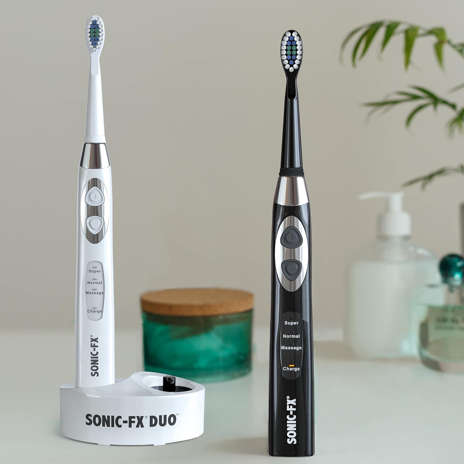 Sonic-FX Duo Rechargeable Electric Toothbrush Set - with 14 Brush Heads, 3 Modes, Smart Auto-Timer, Charging Dock Holder - Dual Handle Electric Tooth Brush for Adults & Kids, Black and White