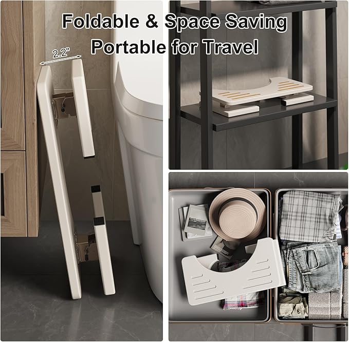 Osivaes 7 Inch Bamboo Toilet Stool Squat Adult, Foldable Squatting Potty for Adults, Ergonomic Poop Stool with Non-Slip Surface, Portable for Bathroom & Travel, White