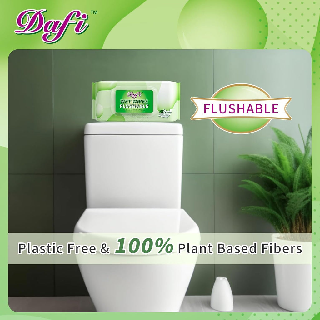 DAFI Flushable Wipes for Adult Wet Wipes, Total 720 Unscented Toilet Wipes Flushable, No Alcohol & 100% Plant Based Fibers, Septic and Sewer Safe Pack of 9