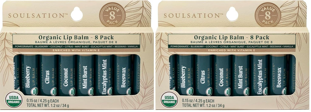 Organic Lip Balm Set, 8 Flavors - Moisturizing for Cracked & Dry Lips, For Men & Women (Pack of 2)