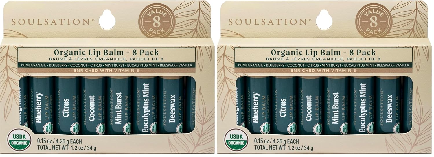 Organic Lip Balm Set, 8 Flavors - Moisturizing for Cracked & Dry Lips, For Men & Women (Pack of 2)