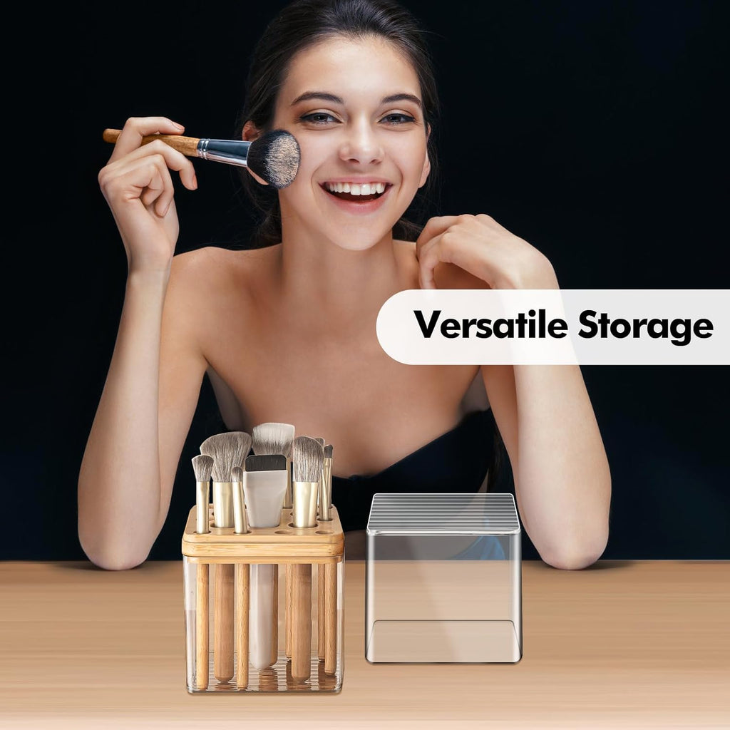 Poeland Makeup Brush Holder, Cosmetic Brush Organizer with 16 Holes and Lid, Makeup Holder for Makeup Brush