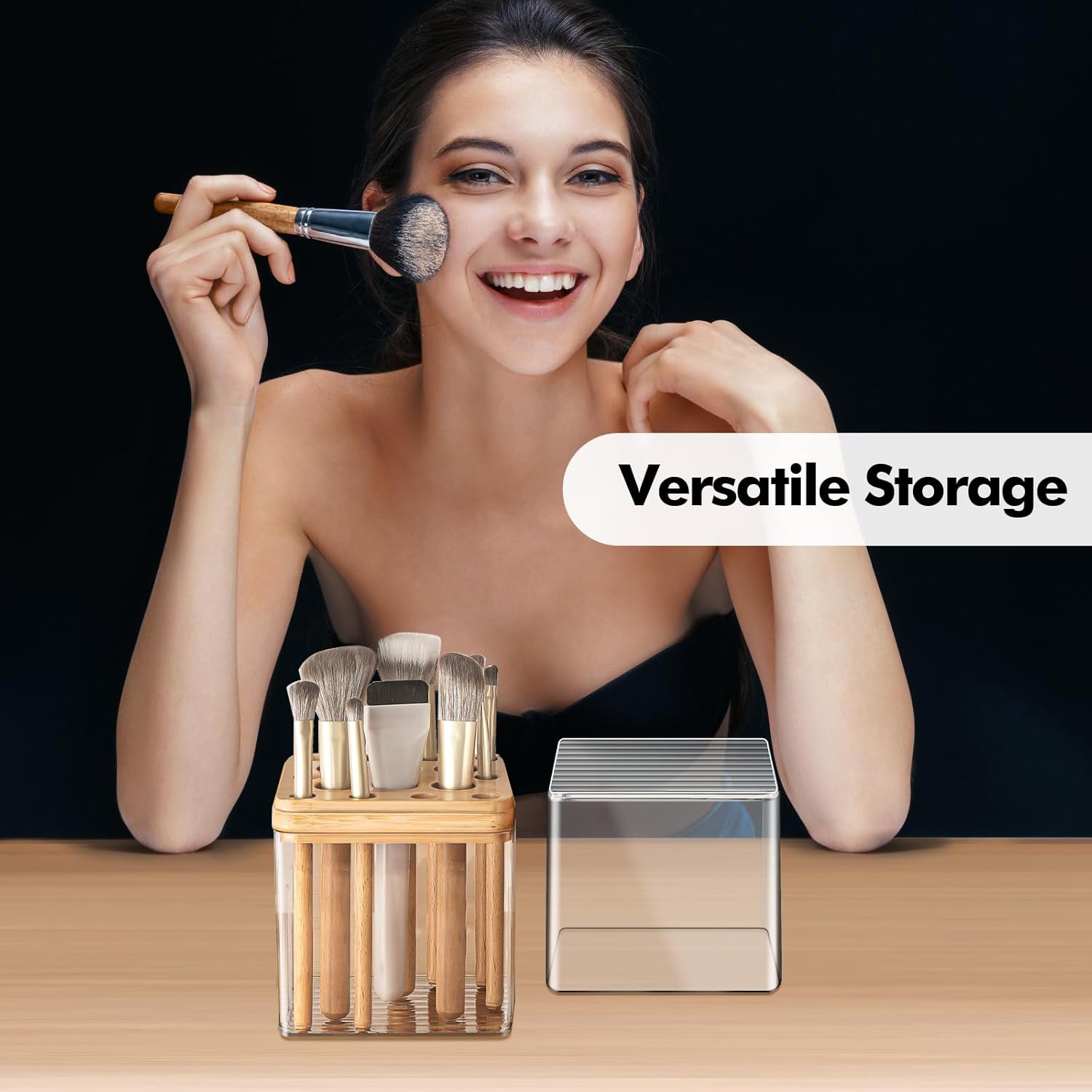 Poeland Makeup Brush Holder, Cosmetic Brush Organizer with 16 Holes and Lid, Makeup Holder for Makeup Brush