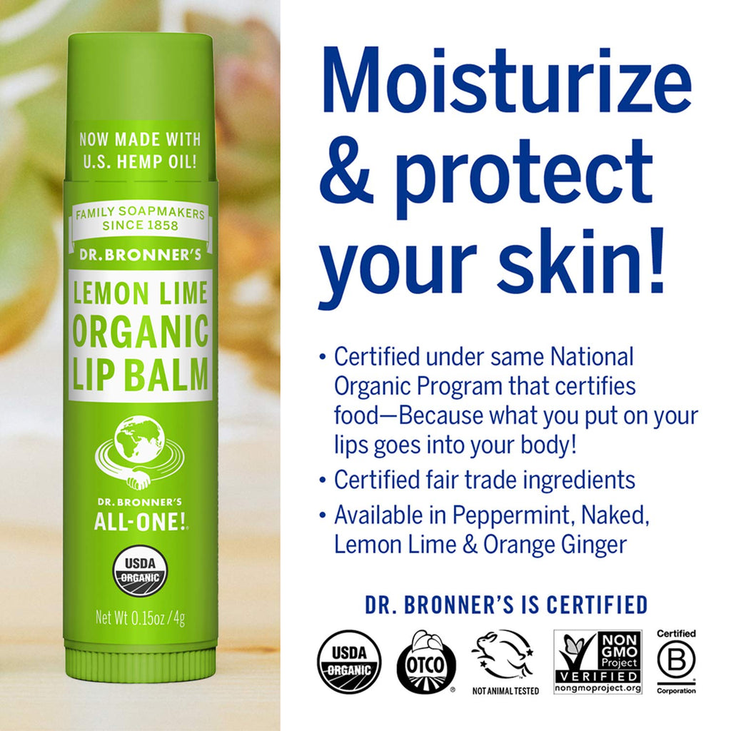 Dr. Bronner’s Organic Lip Balm 6-Pack (.15oz) Natural, Moisturizinging, Petroleum-Free Lip Balm with Beeswax & Avocado Oil for Dry Lips, Men & Women - Lemon Lime