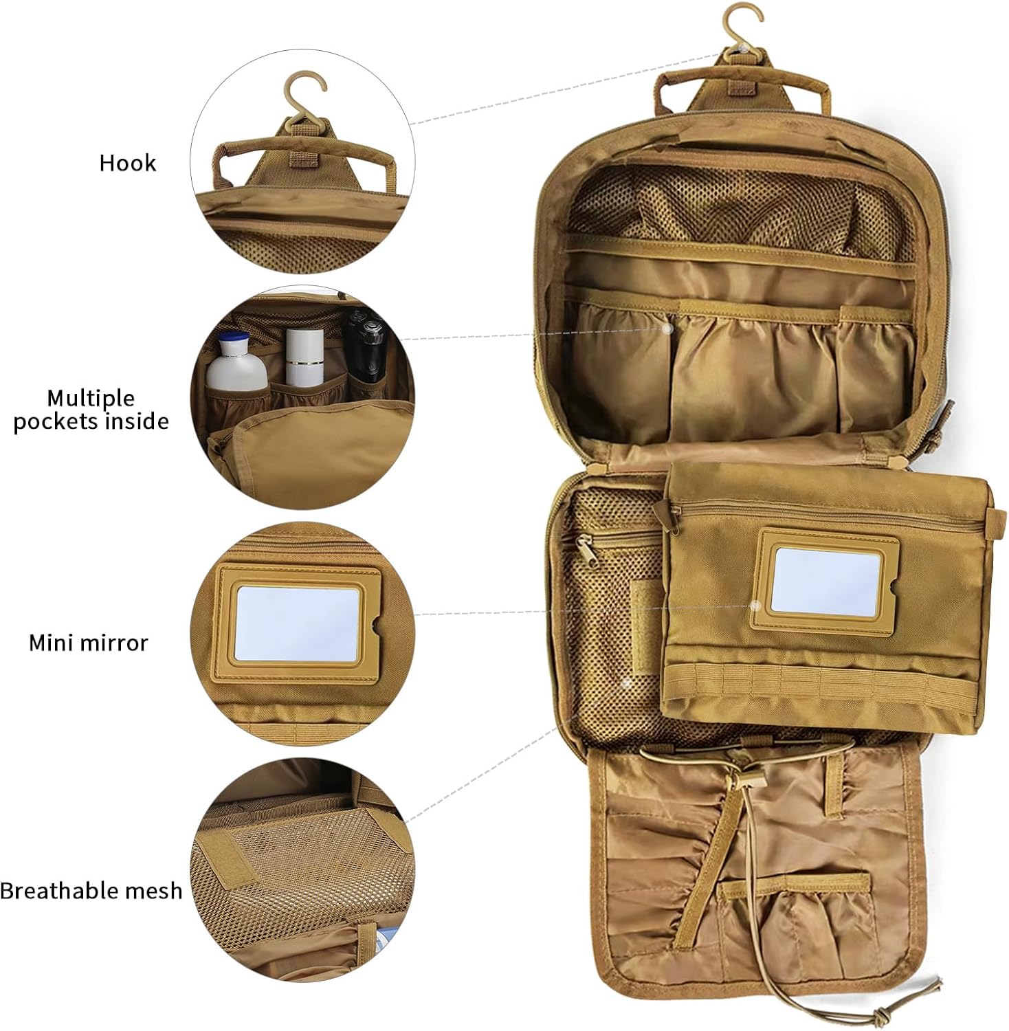 SUNRISING Tactical Toiletry Bag for Men Hanging Travel Toiletries Organizer Dopp Kit Toiletry Bags Shaving Hygiene Bag, Durable Bathroom Essentials Men's Toiletry Bag for Short Trips Camping - Khaki