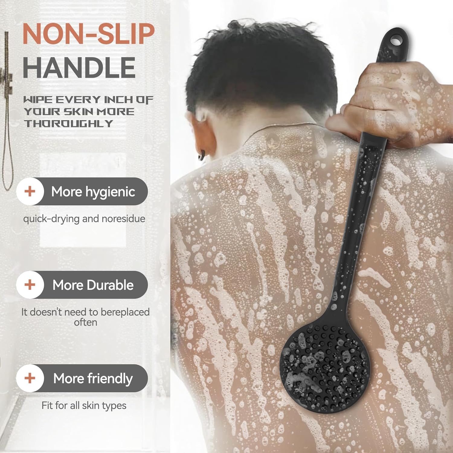 3 PCS Silicone Bath Brush Set,Back Scrubber & Body Brush & Face Brush Set, Super-Exfoliating & Lathering Body Scrubber, Shower Brush, Face Scrubber Combination for HomeBathroom Hotel Travel.(Black)