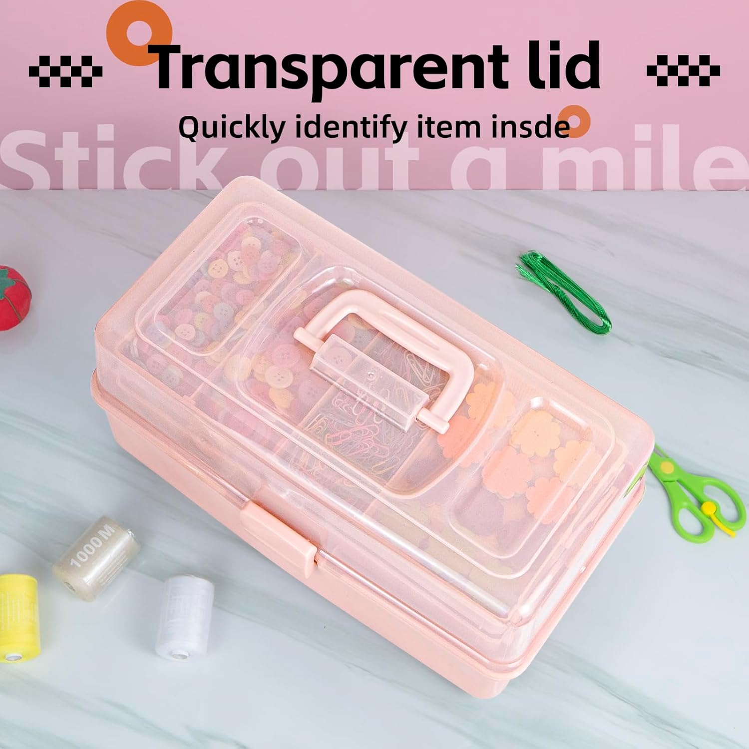 14in 3-Layer Multipurpose Craft Organizers and Storage with Adjustable Dividers, Portable Tackle Box, Folding Art & Craft Case for Medicine, Tool, Sewing Organizer (Pink, X-Large)