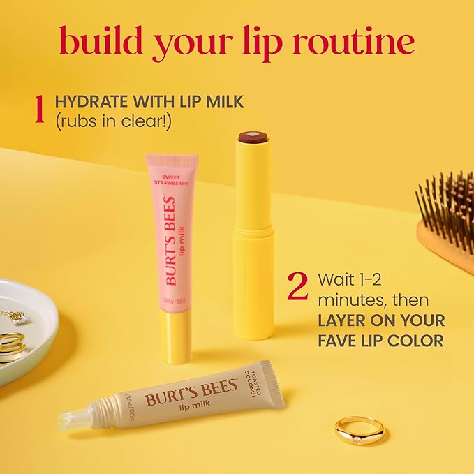 Burt’s Bees Stocking Stuffers, Lip Milk, Daily Lip Moisturizer, Sweet Strawberry, Vitamin Enriched Moisturizing Lip Balm with Almond Milk and Jojoba Oil, Hydrating for Softer Lips, 1 Tube, 0.34 Fl Oz