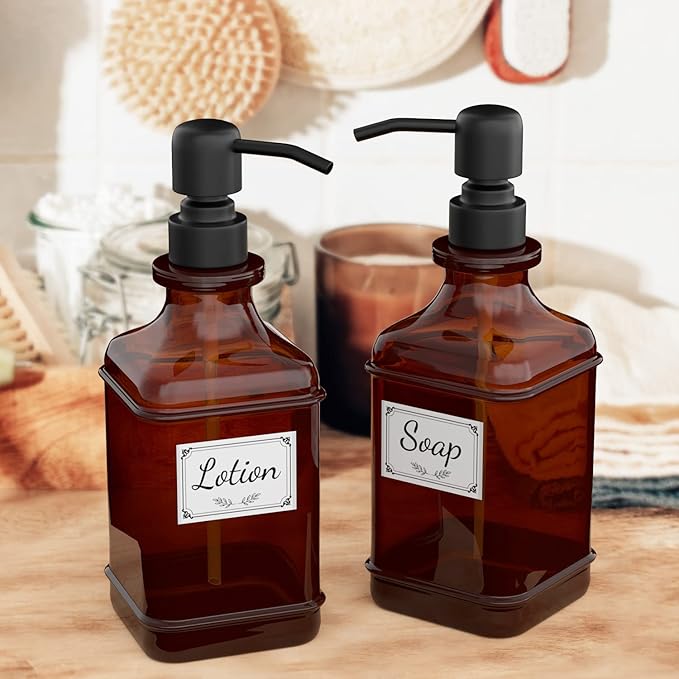 GLADPURE Soap Dispenser 2 Pack, Hand Soap Dispensers with 18 Oz Antique Design Thick Amber Glass Bottle, 316 Rust Proof Stainless Steel Black Pump, 6Pcs Stickers, for Lotion, Soap, Essential Oil