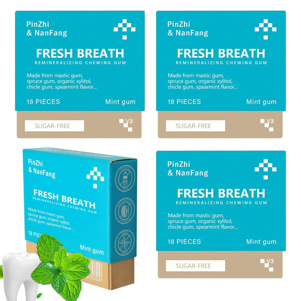 Yukviqou Remineralizing Chewing Gum, Organic Natural Mastic Mint Gum Sugar-Free Fresh Breath for Enamel Care Teeth & Gum Health 4 Boxes