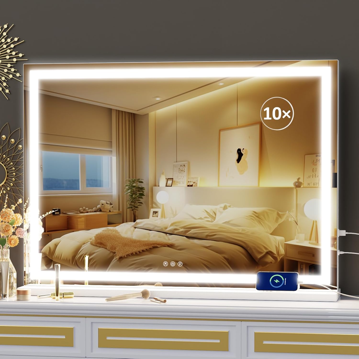 Makeup Vanity Mirror with USB Charging Port 28" x 22" Large LED Makeup Mirror, Desk Mirorr with Lights, Light up Mirror with 10X Magnification and, Dimmable 3 Modes, Touch Control White