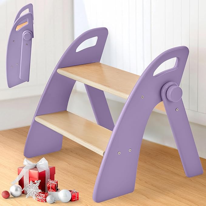 Wooden Step Stool, 300 lb. Load Capacity, with Safety Non-Slip Pads and Handles, Bamboo Step Stool for Bathroom and Kitchen, Gift for Christmas (Purple)