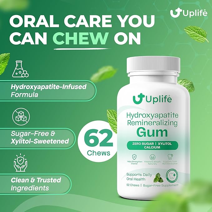 Uplife Hydroxyapatite Remineralizing Gum – Sugar-Free Xylitol Chewing Gum – Supports Daily Oral Health & Fresh Breath – Zero Sugar, Mint Flavor, 62 Pieces