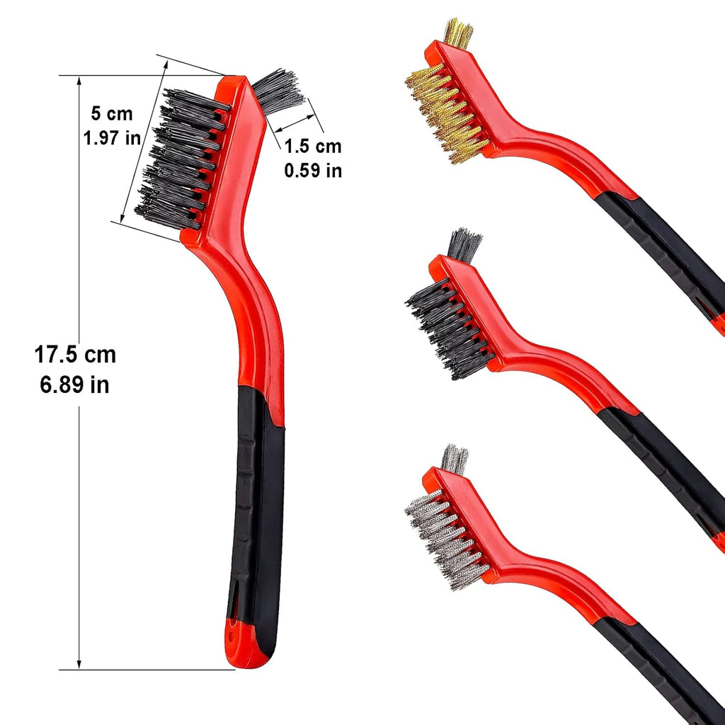 3Pcs Mini Wire Brush Set, Stainless Steel/Brass/Nylon Bristles Wire Brushes, Curved Handle Soft Grip for Rust, Dirt & Paint Scrubbing with Deep Cleaning – 7 Inches (Red)